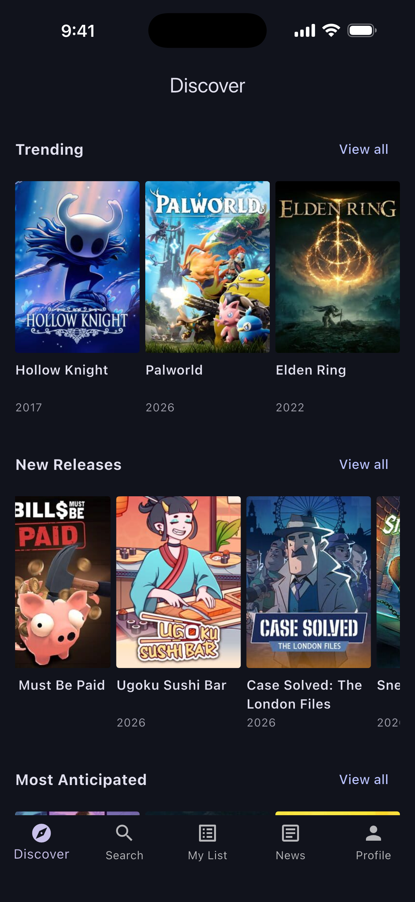 lobbylob Discover screen showing trending and recommended games
